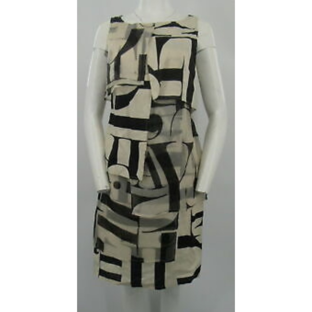 Bitte Kai Rand Black/Beige Print Silk & Linen Tiered Sleeveless Dress sz 36